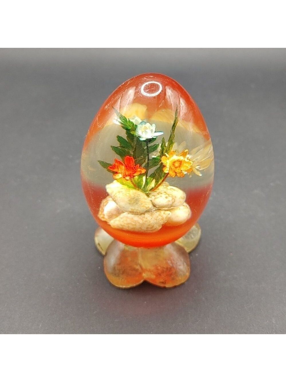 1960's Red Lucite Acrylic Egg with Seashells and Dried Flowers